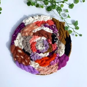 Handwoven Round Wall Hanging Boho Funky Coral and Purple 10" Round Wall Art